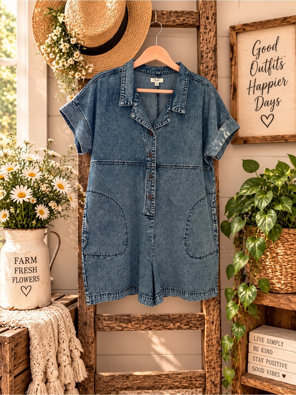 easel Blue Denim Short-Sleeve Romper